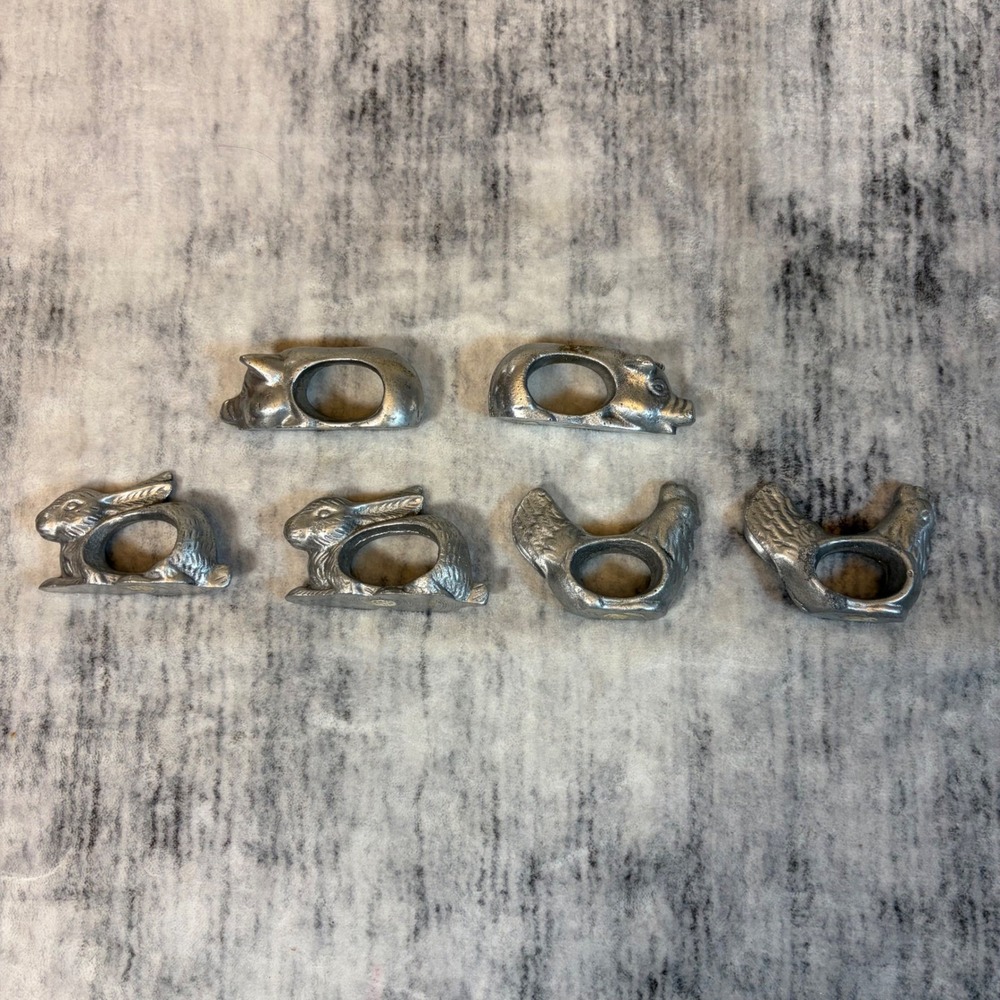 Vintage Farmhouse Pewter Metal Napkin Rings Set of 6 Rabbit Pig Chicken India